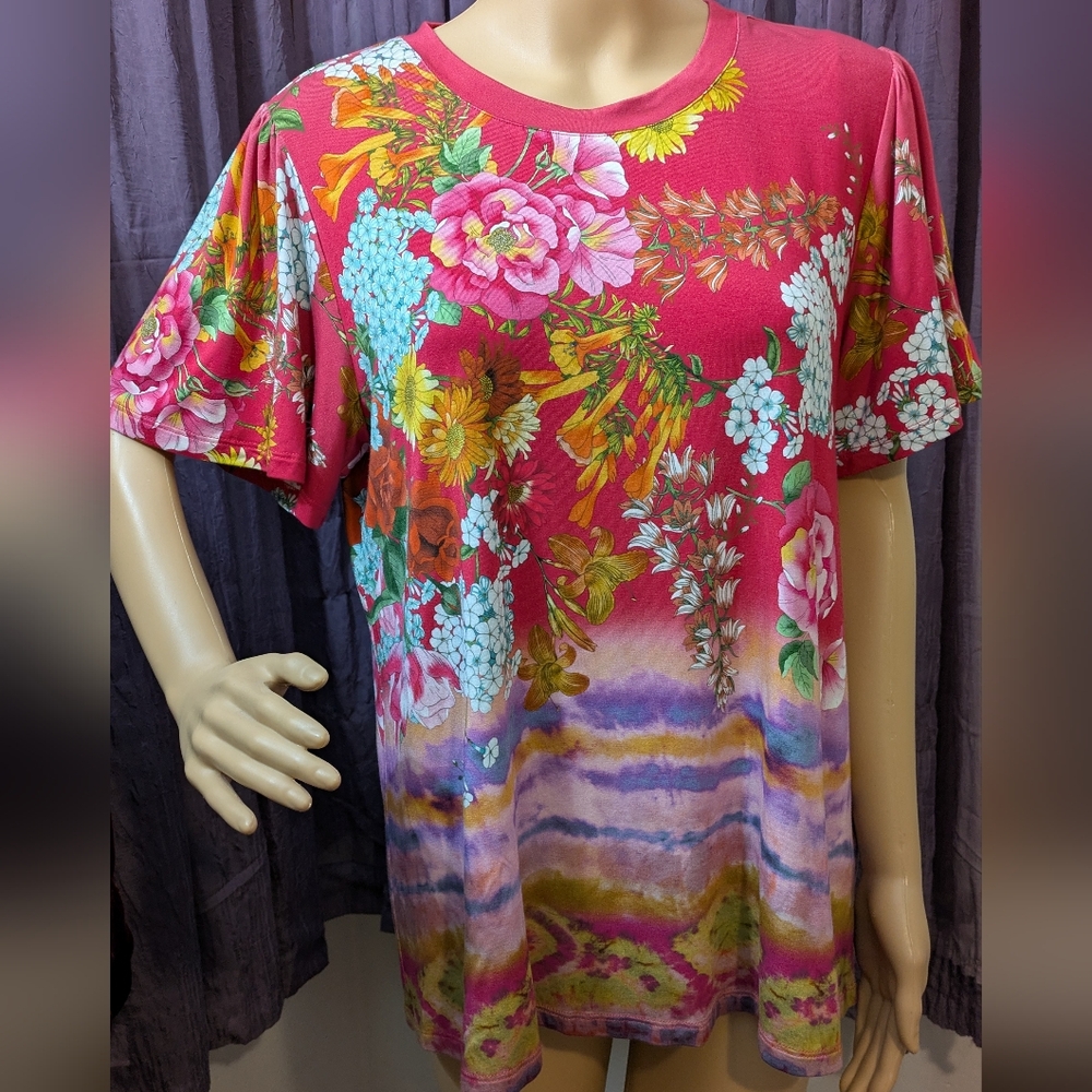 Johnny Was Pink Floral Short Sleeve Tee L EUC